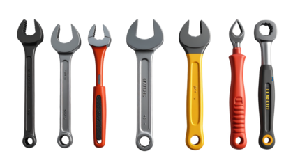 Several diverse wrenches of various sizes and designs are displayed against a stark black backdrop, offering a compelling visual representation of hand tools used for mechanical repairs, automotive...