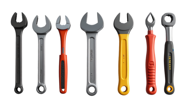 Several diverse wrenches of various sizes and designs are displayed against a stark black backdrop, offering a compelling visual representation of hand tools used for mechanical repairs, automotive...