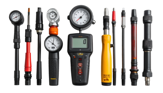 Several specialized mechanical tools and measurement devices are arranged in a vertical display on a stark black background, showcasing a variety of gauges, meters, and hand-held instruments,...
