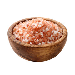 Himalayan pink salt in wooden bowl isolated on transparent background