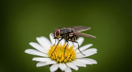 Detailed macro image depicting a fly perched gracefully on a daisy