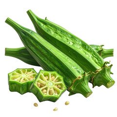 Freshly harvested okra, a green, nutritious vegetable, is displayed against a black background; some pods are sliced open revealing the internal structure and seeds, highlighting the natural textures.