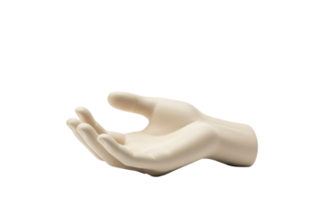 Isolated Mannequin hand holds object, prosthetic device, light pink artificial limb present