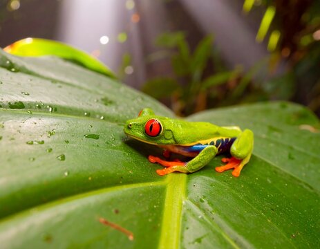 Vibrant red-eyed tree frog on a large green leaf