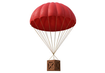 Isolated red parachute delivers wooden box, cargo hanging from a canopy and tan ropes