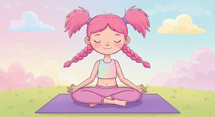 Illustration of a young girl meditating outdoors on a yoga mat