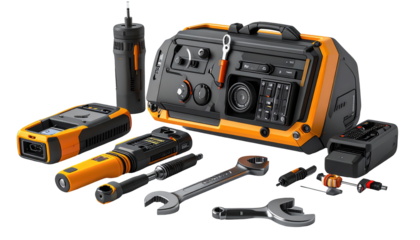 Collection of modern, technological tools displayed against a dark background, featuring a toolbox, wrenches, screwdrivers, and other related equipment, showcasing a professional and organized...