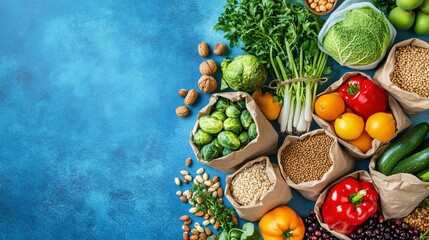 Background for a healthy diet, trendy alkaline diet products - fruits, vegetables, grains, and nuts. oils, light blue background, top view