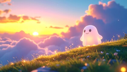 Little Ghost Watching Sunset on a Hill
