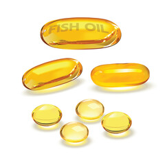 A realistic, vector illustration of shiny, amber-yellow fish oil softgels in various shapes (capsule and round drops), with one labeled. Ideal for health and supplement design