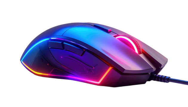 Illuminated computer mouse featuring vibrant neon lighting and sleek design against a dark background, showcasing a high-tech peripheral with a modern aesthetic, highlighting colors and details.
