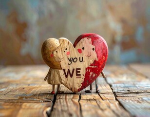 Wooden people near a heart with the inscription "I love you"