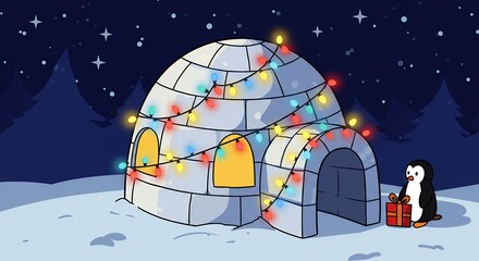 Winter scene with igloo decorated with lights and a penguin carrying a gift under a starry night