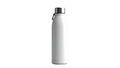 Minimalist  shot showcases a sleek, modern, white insulated water bottle against a solid black background, highlighting its simple, curved design with a metallic cap.