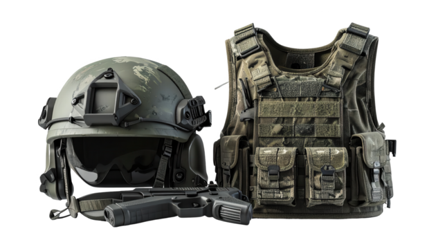 Detailed rendering showcasing military-grade equipment, including a combat helmet with night vision capabilities, a tactical vest with multiple pouches, and a sidearm pistol, all meticulously...