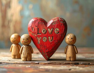 Wooden people near a heart with the inscription "I love you"