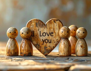 Wooden people near a heart with the inscription "I love you"