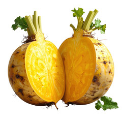 Two golden beets, one sliced to reveal vibrant interior with radial patterns, are isolated against a stark black backdrop, exhibiting natural textures and leafy green stems for a ,  shot with dynamic.