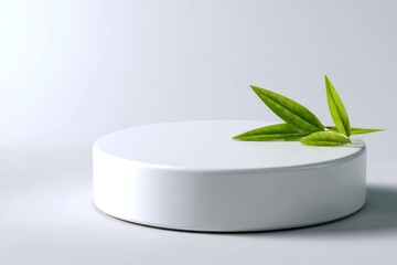 A clean white platform with vibrant green leaves. Minimalist scene, subtle lighting
