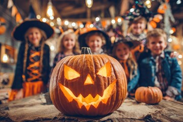 Fototapeta premium Halloween pumpkins standing at festive decorated table with a family in background.