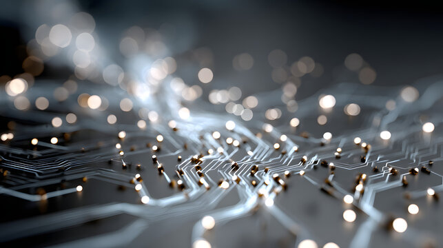 Intricate network of glowing white circuit board traces and nodes on a subtle gradient background representing technology - Powered by Adobe