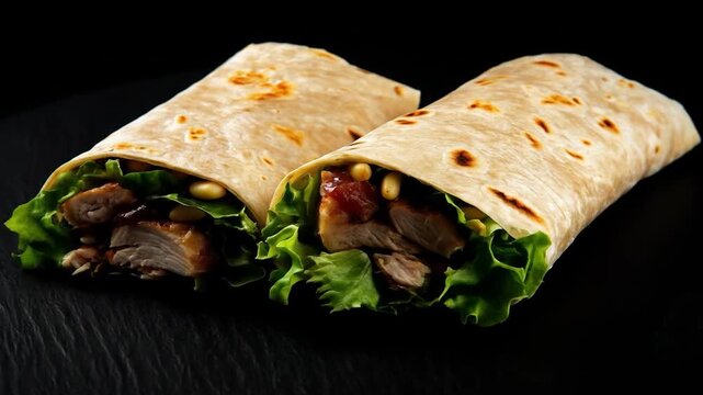 Chicken wrap with lettuce and tortilla flat bread sandwich healthy snack food concept