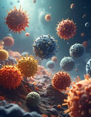 Rendered illustration of microscopic virus particles suspended in a fluid