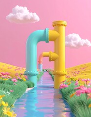 Rendered illustration of whimsical, colorful pipes, and a flowing river