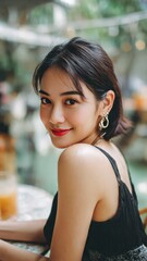 Radiant Confidence: A portrait of a stunning woman exudes confidence and allure, her captivating gaze drawing viewers into a world of charm and sophistication.