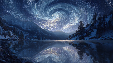 Whirlpool of light swirling above a serene snowy mountain lake at night, clear starry sky, reflections in calm water, dramatic and magical atmosphere
