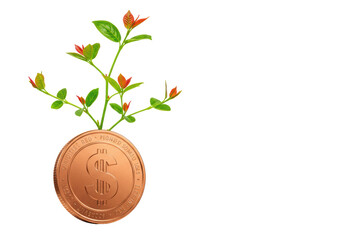 Isolated coin with sprouting plant symbolizes growth, investment, and financial prosperity