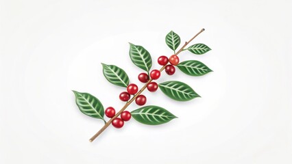 Fototapeta premium Colorful branch with green leaves and red berries, showcasing nature's beauty.