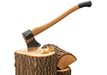 Isolated wood axe in wooden log, cutting tool for firewood, chopping equipment