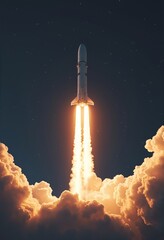 Naklejka premium Spaceship takes off into the night sky on a mission. Rocket starts into space concept