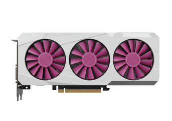 Isolated graphics card for PC gaming with three magenta fans and white case, components, electronics