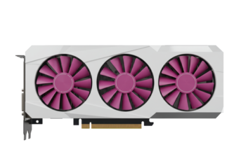 Isolated graphics card for PC gaming with three magenta fans and white case, components, electronics