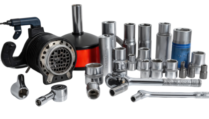 Various metal tools and equipment are presented against a stark black backdrop, showcasing a variety of mechanical implements with chrome and black finishes.