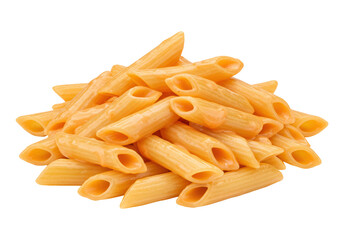 Isolated pile of tasty penne pasta coated in a creamy tomato sauce for a food concept image