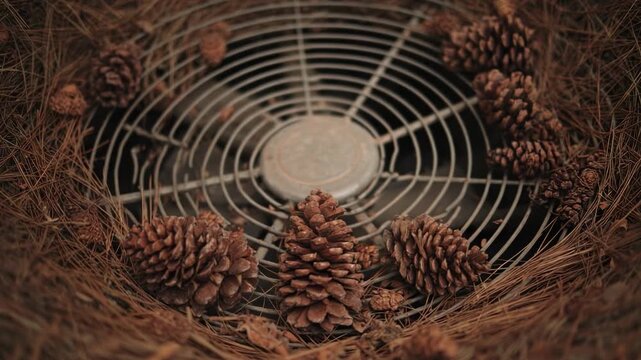 A circular metal fan guard surrounded by pine needles and pinecones.