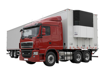 Isolated Semi-Trailer Truck, Red Cab and Refrigerated Trailer, No Backdrop for Easy Compositing