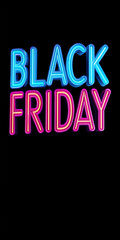 Neon Black Friday sale sign with glowing, modern bright advertising concept on dark background.