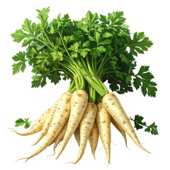 Freshly harvested parsnips, showcasing white, creamy roots with attached vibrant green leaves, are bundled and presented against a black background, highlighting their natural beauty and showcasing...