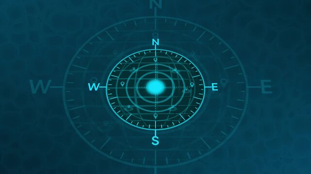 High-Tech Radar Screen with geometric grid and coordinates. Futuristic digital compass interface with navigation elements with radio waves and location connecting animation