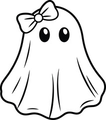 Halloween cartoon ghost with bow, daisy flower stem, cute festive character, simple spooky vector illustration for children’s seasonal artwork