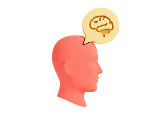 Isolated brain thinking concept in profile, human head with brain in speech bubble idea
