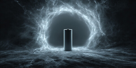 High tech battery surrounded by glowing energy vortex in dark futuristic atmosphere - AI generated
