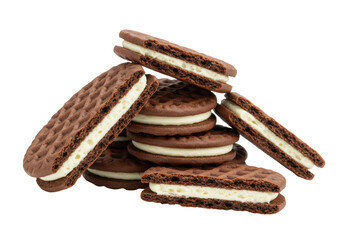 Isolated Pile of Chocolate Sandwich Cookies with Cream Filling Delicious Snack Treat