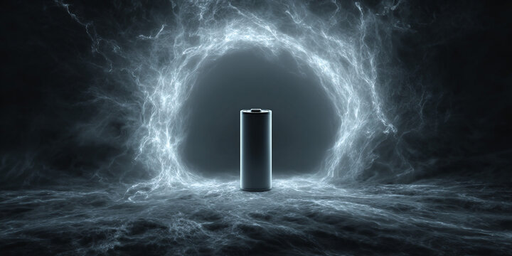 High tech battery surrounded by glowing energy vortex in dark futuristic atmosphere - AI generated