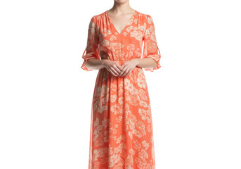 Elegant coral floral maxi dress isolated on transparent background, stylish women s fashion for special occasions and summer events