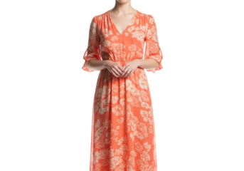 Elegant coral floral maxi dress isolated on transparent background, stylish women s fashion for special occasions and summer events